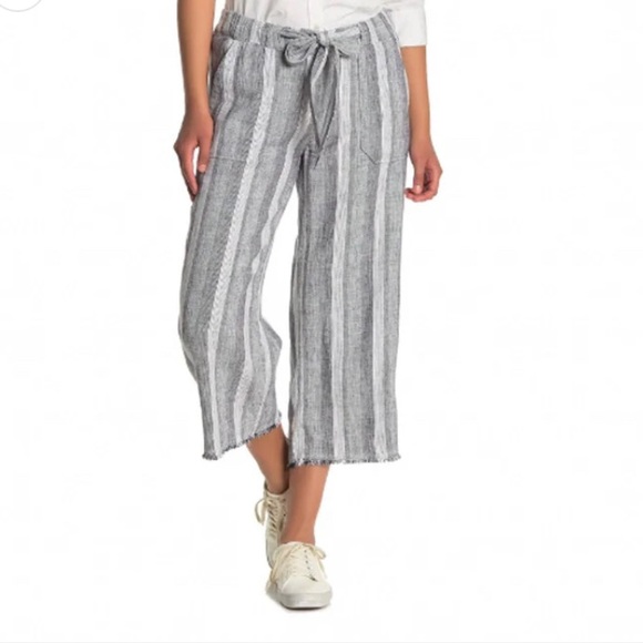 Caslon Striped Linen Blend Tie Waist High Rise Cropped Straight Leg Pants Size M - Picture 1 of 9